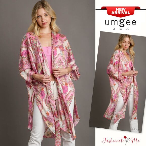 Umgee Mixed Pattern 3/4 Ruffle Sleeves Side Slit Open Front Kimono | Pink Mix - Picture 1 of 11